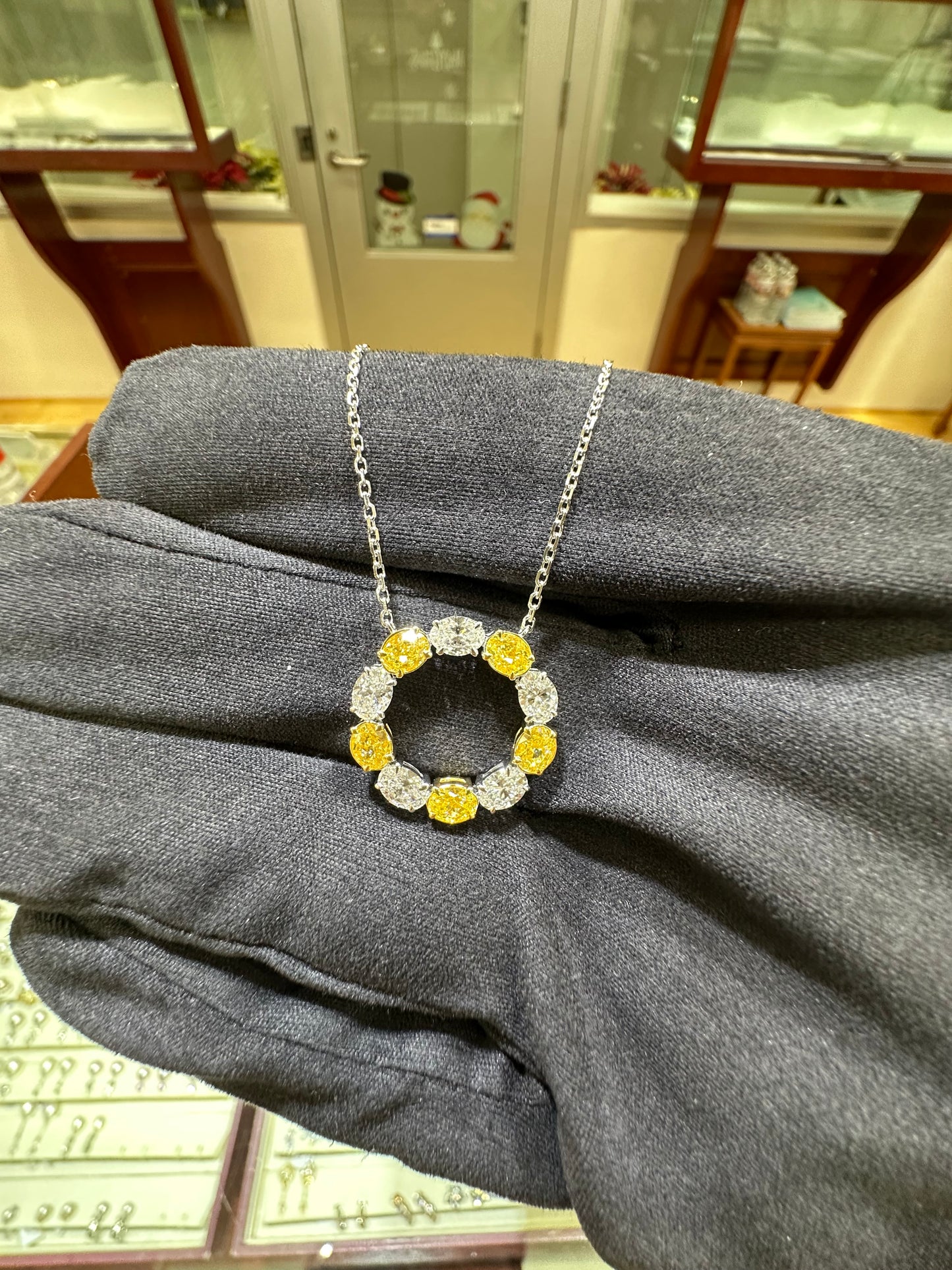 Yellow & White Diamond Circle Necklace